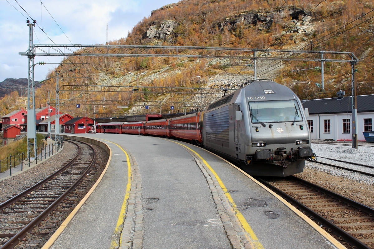 Am 04.10.2019 erreicht 18 2250 mit Reg 61 aus Oslo den Bahnhof Myrdal. Wenn nicht gerade ein Zug der Flåmbahn angekommen ist steigen hier kaum Fahrgäste zu.