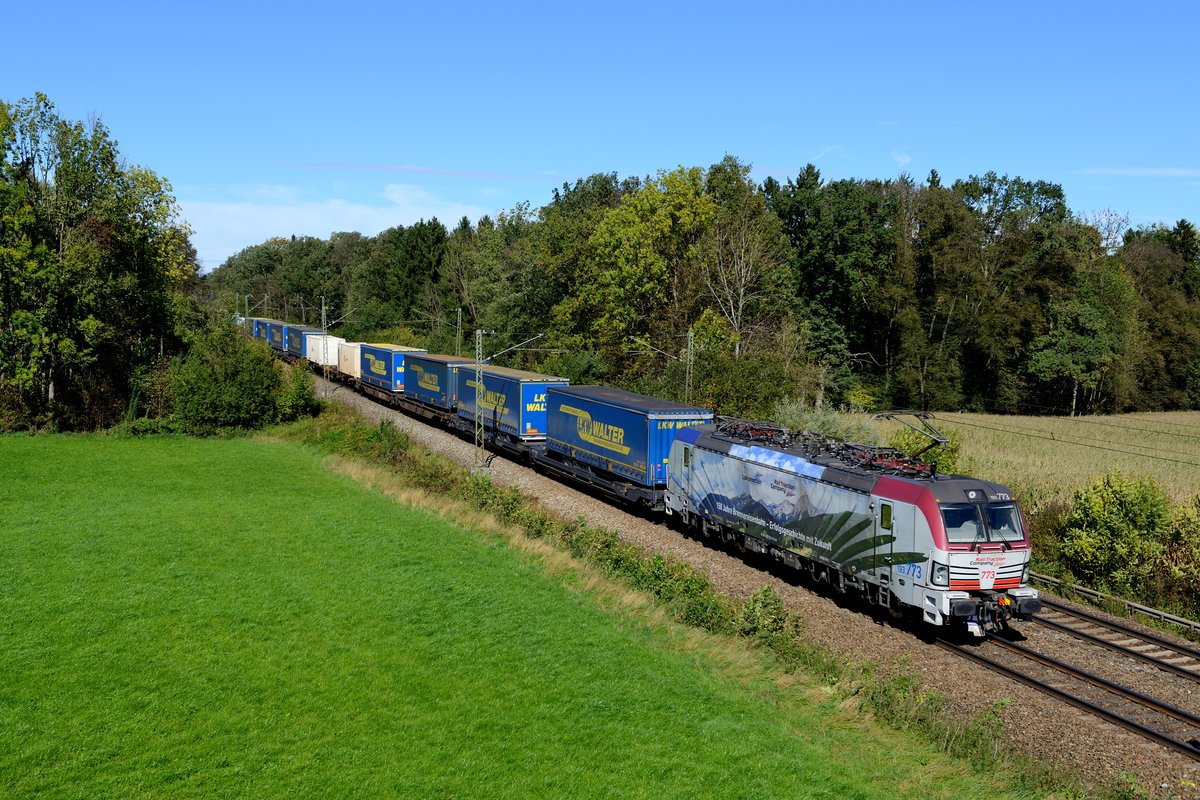 Am 05. Oktober 2017 konnte die 193 773 vor dem DGS 43119 nach Verona Q.E. bei Gutmart aufgenommen werden. Erfreulicherweise widmete Lokomotion dem 150-jährigen Jubiläum des Bestehens der Brennereisenbahn eine Werbelok.