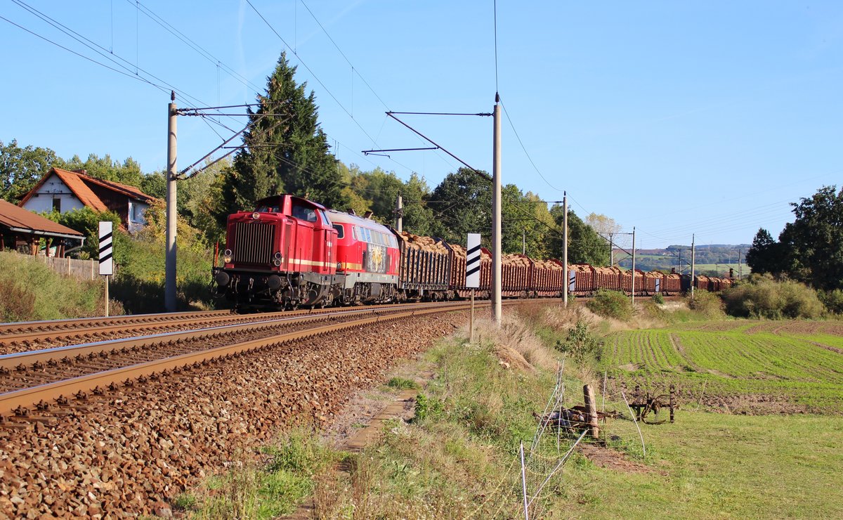 Am 05.10.18 fuhr die 212 297 (Rennsteigbahn) und 218 469 (RP Railsystems) einen Holzzug durch Remschütz.