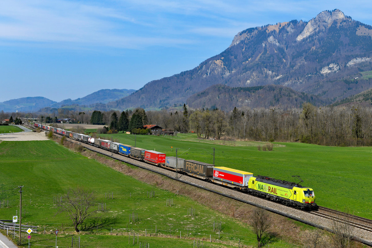 Am 06. April 2019 brachte die für TXL fahrende 193 559 von Alpha Trains den DGS 43155 von Köln Eifeltor nach Verona Q.E.. Bei Kirnstein im Inntal konnte ich die wohl erst kürzlich gewaschene Lok mit ihrem komplett beladenen KLV-Zug fotografieren. 