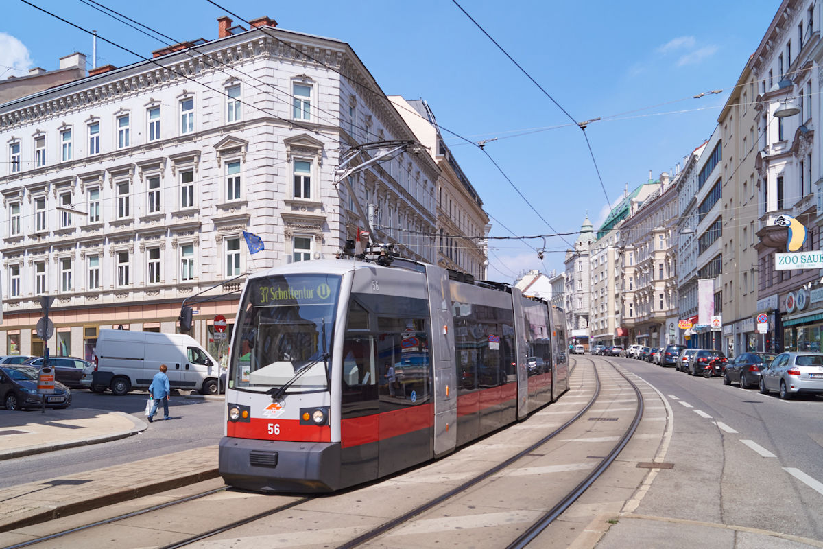 Am 06.05.2017 war ULF A1 Nr. 56 der Wiener Linien als Linie 37 unterwegs von Hohe Warte zum Schottentor. Hier durchfuhr der Wagen die Nußdorfer Straße im 9. Gemeindebezirk Alsergrund und erreicht in Kürze die Haltestelle Nußdorfer Straße /Alserbachstraße.