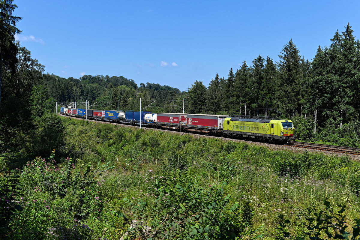 Am 07. August 2020 fuhr mir im Waldstück zwischen Grafing Bahnhof und Aßling erneut die 193 553 vor die Linse, diesmal mit dem DGS 43101 von Wanne-Eickel nach Verona Q.E., welcher bunt und komplett beladen war. 