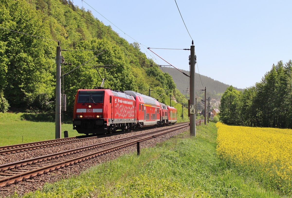 Am 07.05.18 fuhr 146 209, 218 438 und 650 120 (Lr-D 72142 Ulm Hbf-Dessau Hbf) durch Remschütz. Gruß an den Tf zurück!