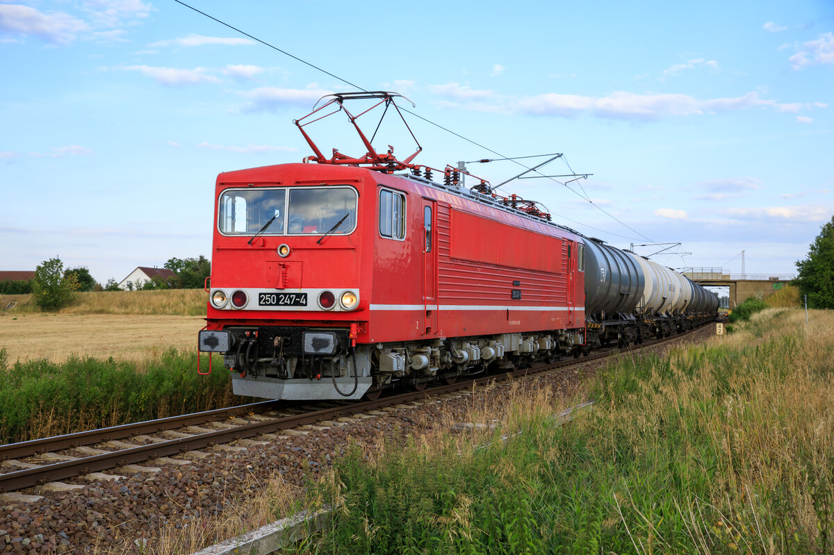 Am 07.08.2022 fuhr die 250 247 (155 247) der LEG mit einem leeren Rapsölzug aus dem Bahnhof von Stendell raus gen Beddingen.