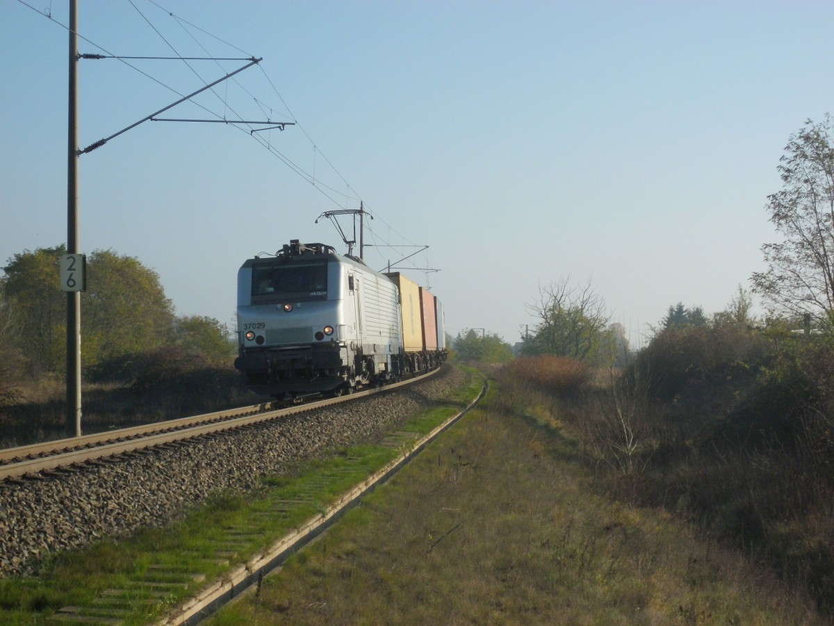 Am 07.11.2014 kam 37 029 mit einem Containerzug aus Stendal und fuhr weiter in Richtung Uelzen. 
