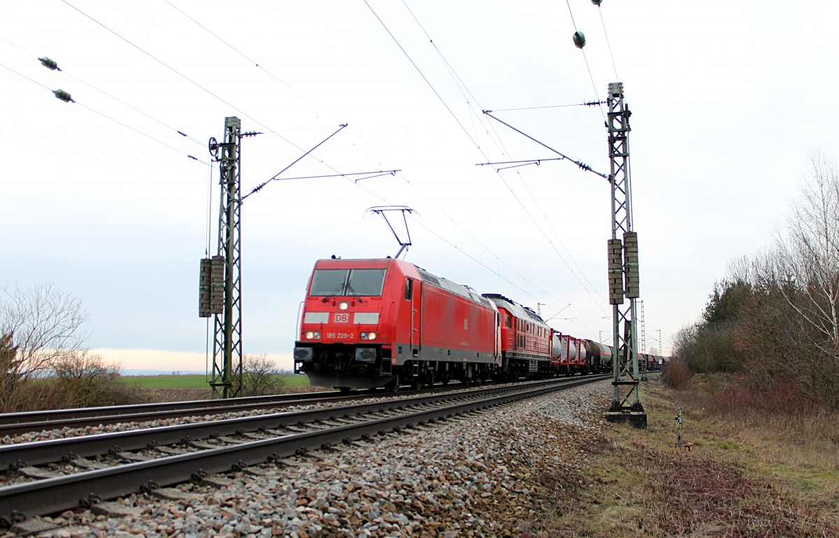 Am 07.Februar 2016 fährt 185 229-2 mit ihrem gemischten Güterzug bei trübem Wetter in Richtung Ingolstadt. Im Schlepp hat sie noch eine 232 Ludmilla mit am Haken.s