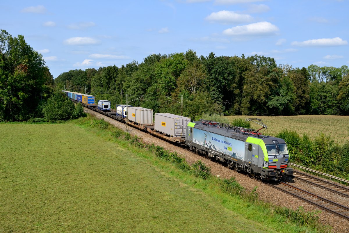 Am 08. September 2017 konnte die 475 404 vor dem DGS 43119 nach Verona Q.E. bei Gutmart aufgenommen werden. Im Jahr 2017 war diese Lok zeitweise für Lokomotion im Einsatz. Hintergrund: Das Münchner Unternehmen hatte an die BLS einige Loks der Baureihe 186 verliehen, die auf der Rheinschiene zahlreiche Kilometer anhäuften. Zur Kompensation kam nun der in der Schweiz beheimatete Vectron für Lokomotion zum Einsatz. Nach wohl kürzlich absolviertem Besuch einer Waschanlage kam die attraktive Farbgebung dieser Maschine gut zur Geltung.