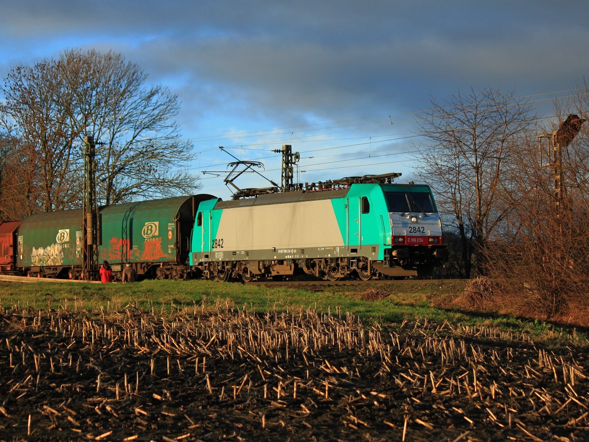 Am 08.01.2014 rollt Cobra 186 234 (2842) mit einem Coilzug am Haken aus Belgien kommend vom Gemmenicher Tunnel nach Aachen West.