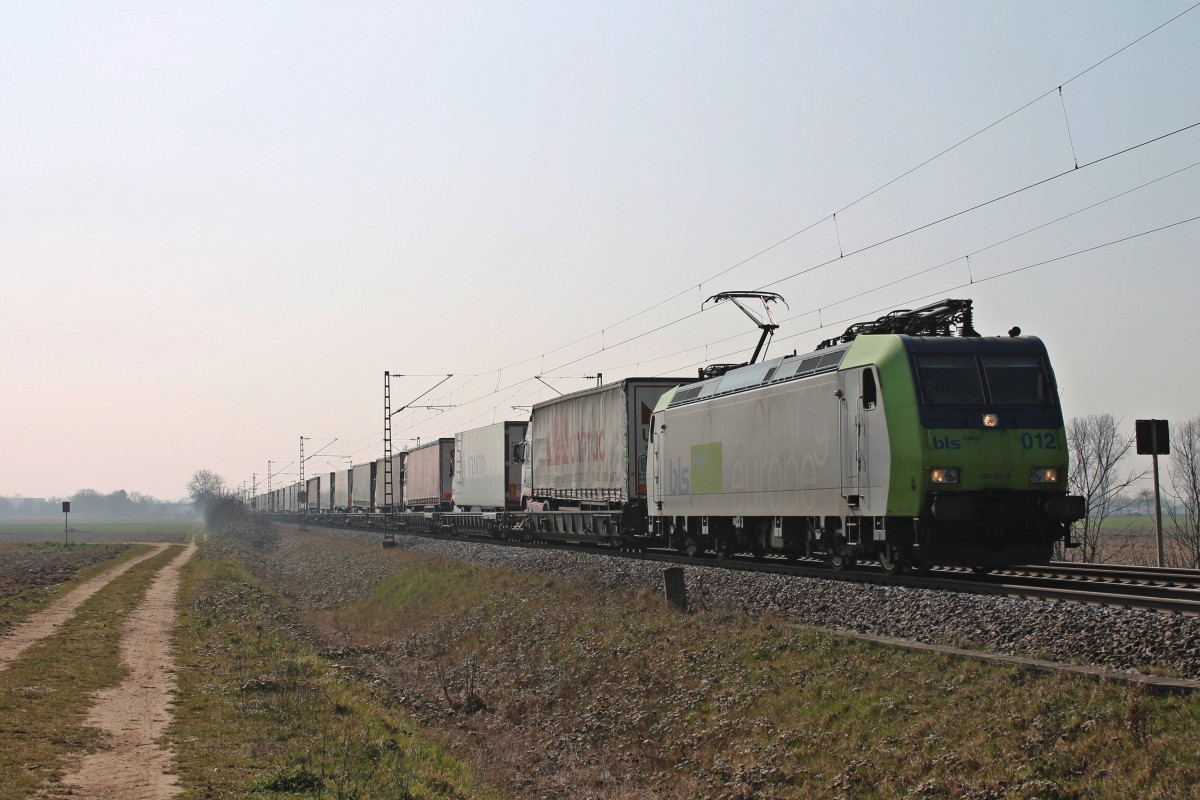 Am 08.03.2014 bespannte die Re 485 012-9 eine RoLa aus Novara nach Freiburg Gbf, als sie nördlich von Müllheim (Baden) ihrem Ziel entgegen fuhr.