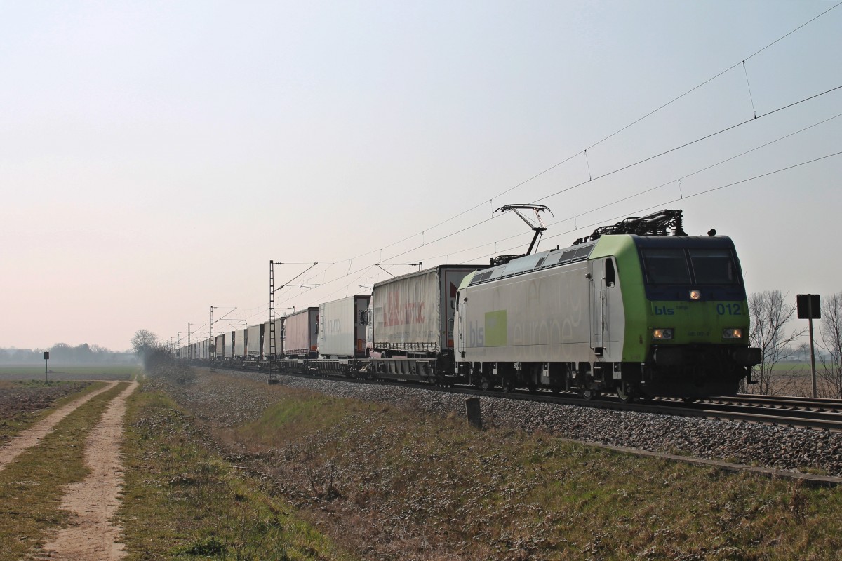 Am 08.03.2014 bespannte die Re 485 012-9 eine RoLa aus Novara nach Freiburg Gbf, als sie nördlich von Müllheim (Baden) ihrem Ziel entgegen fuhr.