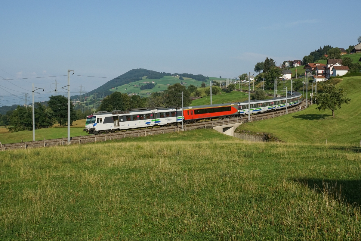 Am 08.08.2015 war der A Bodan der SOB in einem RBDe 561-Pendel eingereiht. Auf dem Bild zu sehen ist der Zug mit dem führenden RBDe 561 082-9 kurz vor Samstagern.