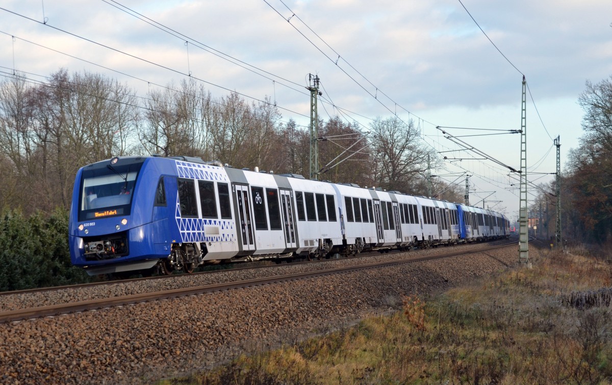 Am 09.12.14 rollten 3 Coradia Lint durch Burgkemnitz Richtung Bitterfeld. Die durch das Unternehmen vlexx beschafften Dieseltriebzüge verkehren zukünftig im Raum Frankfurt(M) und Mainz.