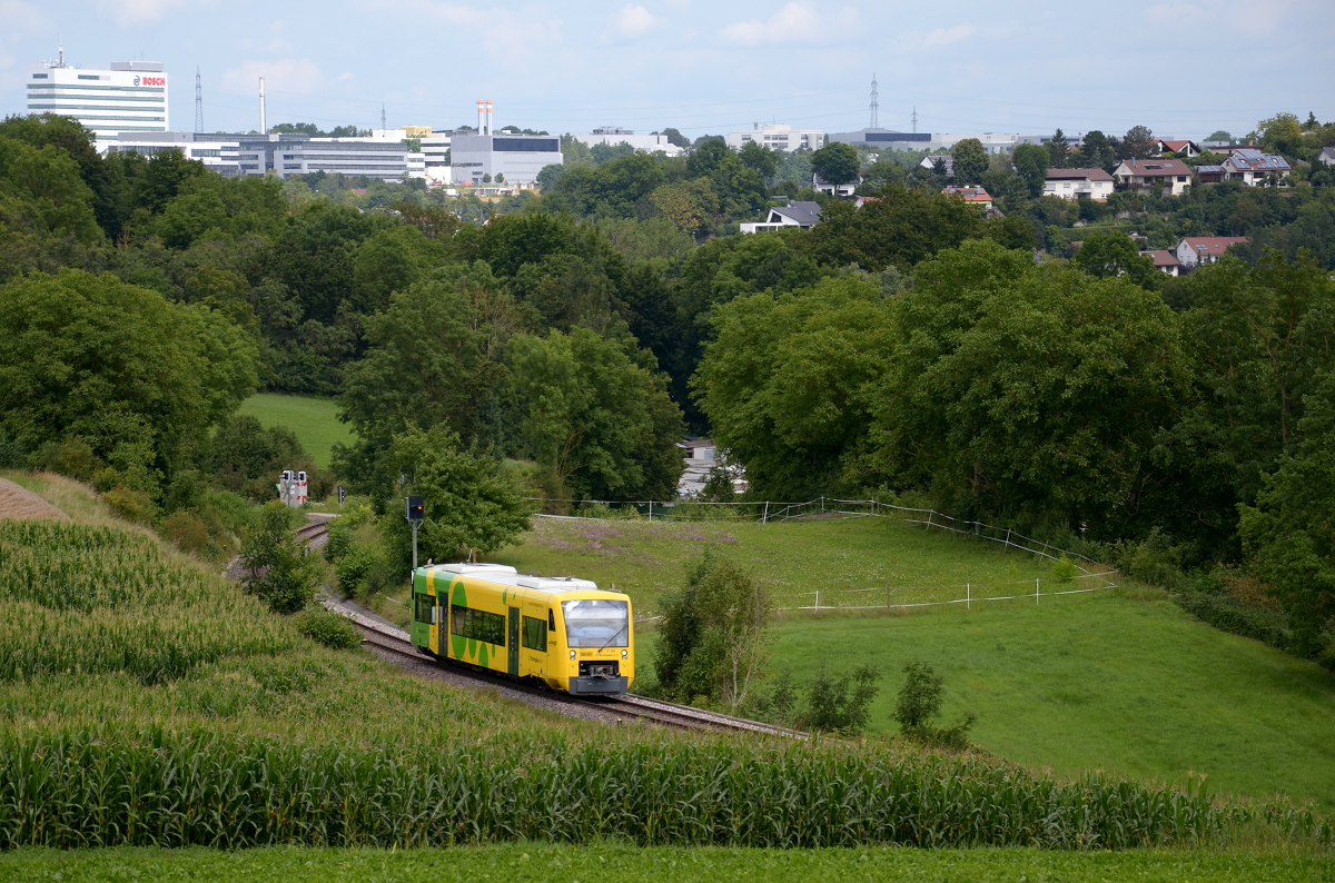 Am 10. August 2021 ist VT 365 im Glemstal unterwegs nach Heimerdingen. Im Hintergrund ist Schwieberdingen zu sehen.
