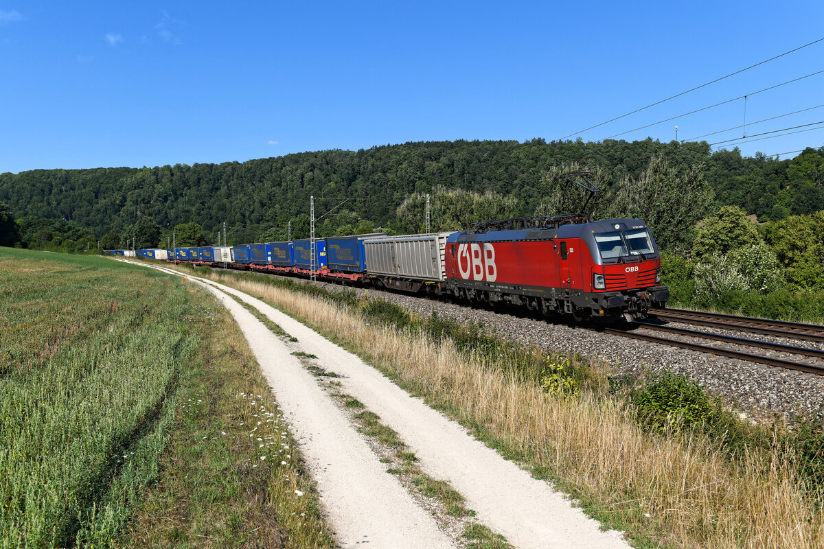 Am 10. August 2022 konnte ich den KLV-Zug DGS 45153 auf seiner Fahrt von Hannover-Linden nach Verona Q.E. bei Obereichstätt im Altmühltal aufnehmen. Es führte die 1293.063, die über den gesamten Laufweg hinweg vor dem Zug blieb. 