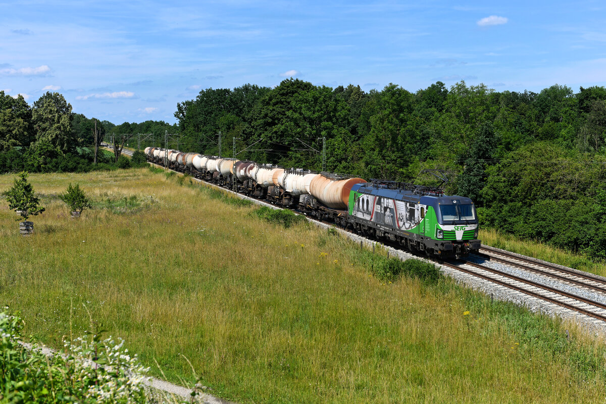 Am 10. Juli 2021 brachte die 193.746 einen kurzen Ganzzug, bestehend aus Knickkesselwagen, von Regensburg nach Augsburg. Dieser lief unter der Bezeichnung DGS 95551 und konnte von mir bei Oberschleißheim fotografiert werden. Die äußere Gestaltung der SETG-Lok erinnert an das Theaterstück  Jedermann. Das Spiel vom Sterben des reichen Mannes  von Hugo von Hofmannsthal. Dieses wird jährlich bei den Salzburger Festspielen aufgeführt.  