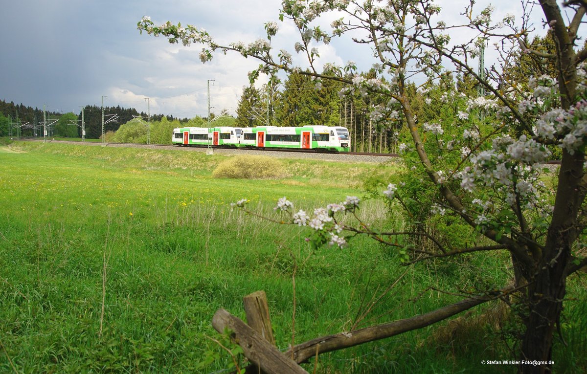 Am 10. Mai 2018 konnte ich diese EIB-Doppeleinheit in der Nähe von Föhrig mit dem blühenden Baum fotografieren. Der Zug kam nicht mal einen Km von hier über die Grenze von Sachsen her und passiert hier die Frühlings-Szene....