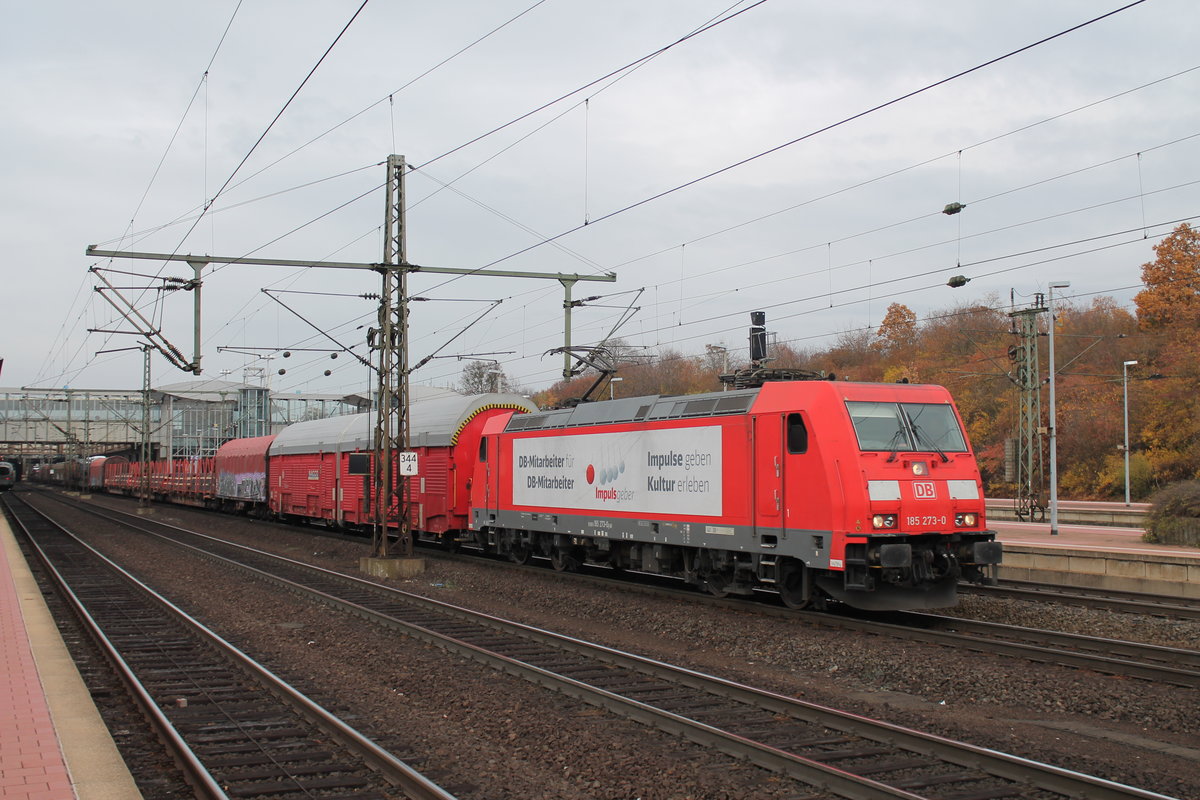 Am 10.11.2018 war 185 273  Impulsgeber  damit beschäftigt einen gemischten Güterzug nach Kornwestheim zu bringen. Aufgenommen in Kassel-Wilhelmshöhe.