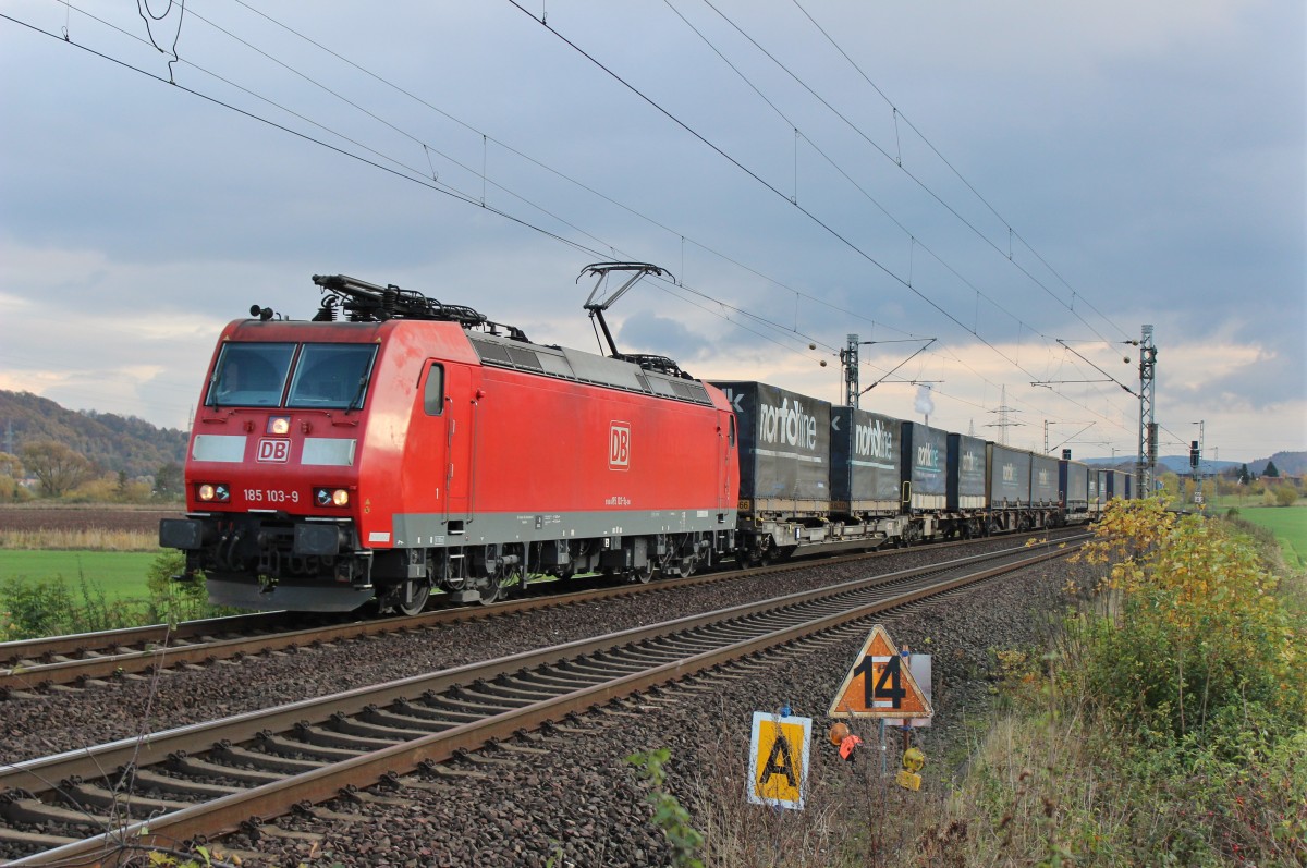Am 10.November 2013 durchquerte DBSR 185 103 mit einem KLV-Zug den Bahnhof Godenau in Richtung Hannover.