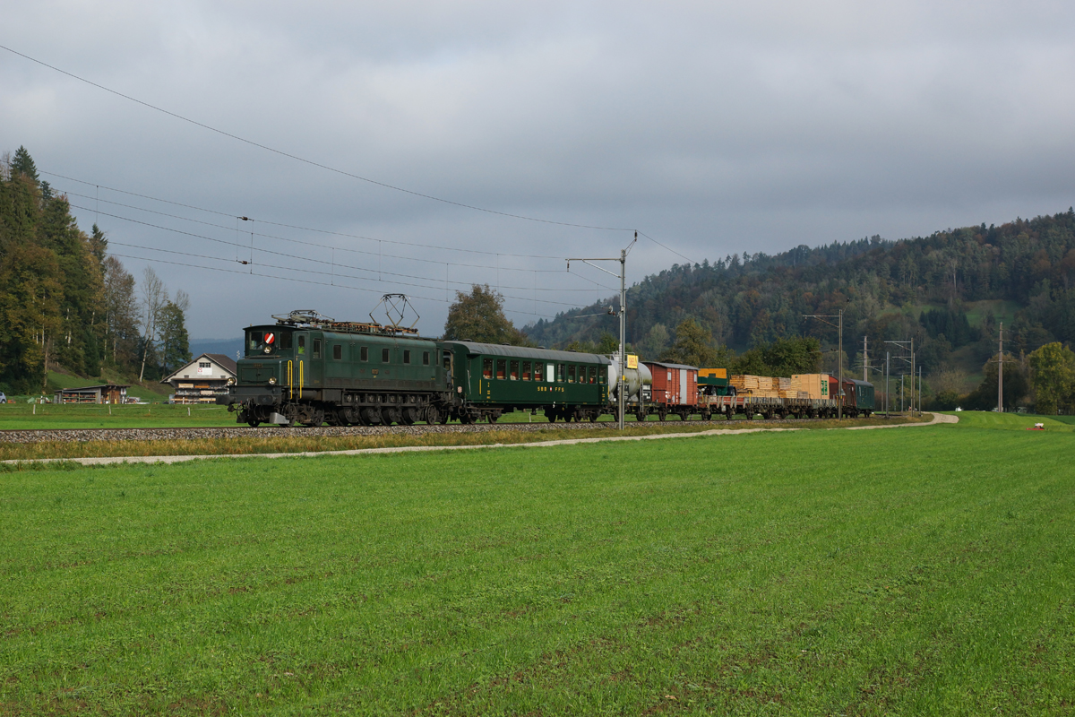 Am 11. und 12. Oktober 2014 fand in Bauma nach einjährigem Unterbruch wieder ein Fahrzeugtreffen statt. Neben diversen Fahrten auf der DVZO-Stammstrecke Bauma-Hinwil befuhren auch einige Züge die Tösstallinie. Auf dem Bild zu sehen ist die Ae 4/7 10997 am 12.10.2014 mit einem GmP bei Wila.