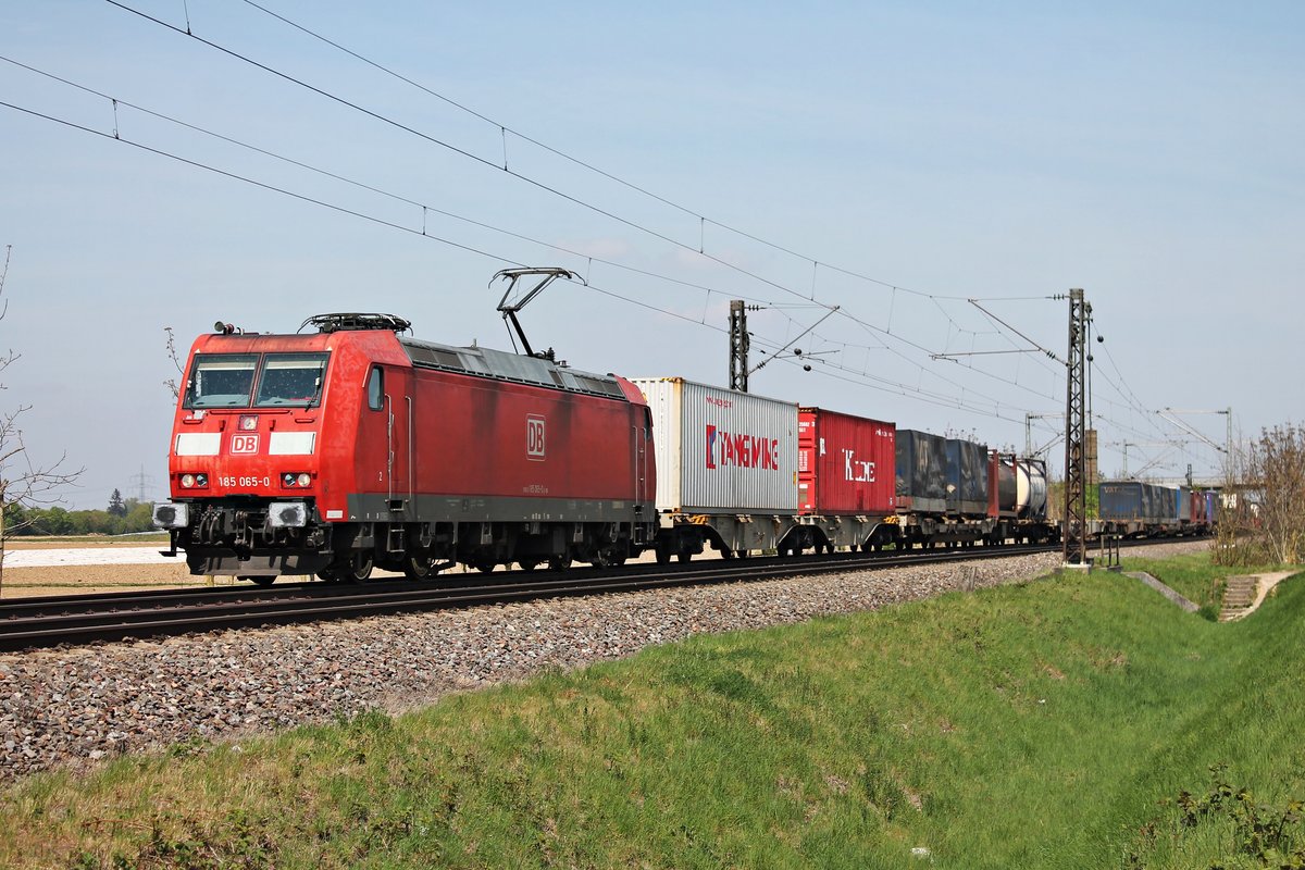 Am 11.04.2017 bespannte 185 065-0 einen Containerzug bis zur Schweizer Grenze, als sie bei Hügelheim durchs Rheintal fuhr.