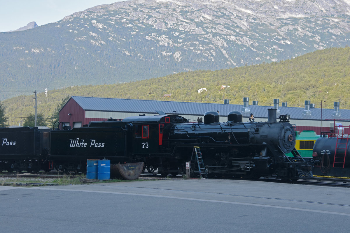 Am 11.08.2019 fahren wir mit der White Pass and Yukon Railroad von Skagway nach Fraser. Kurz nach der Abfahrt aus Skagway steht die Dampflok Nr. 73 auf einem Abstellgleis.