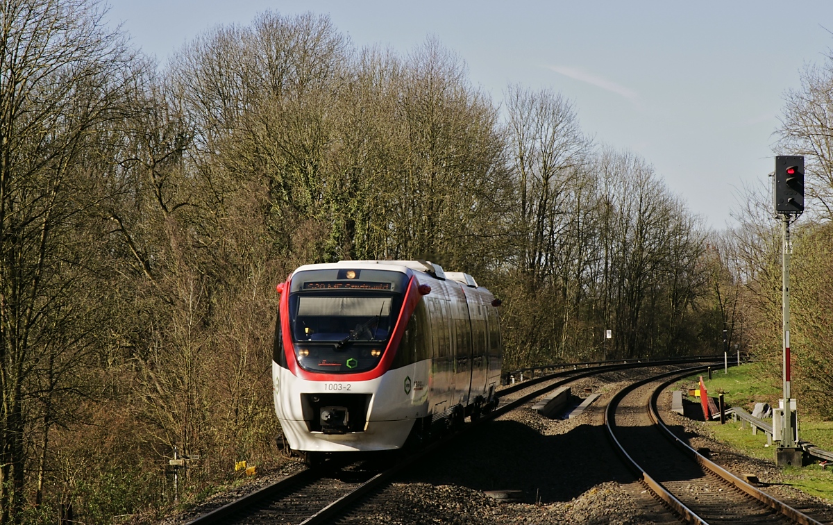 Am 12.03.2020 fährt der Regiobahn-Talent 1003 als S 28 im Bahnhof Neanderthal ein