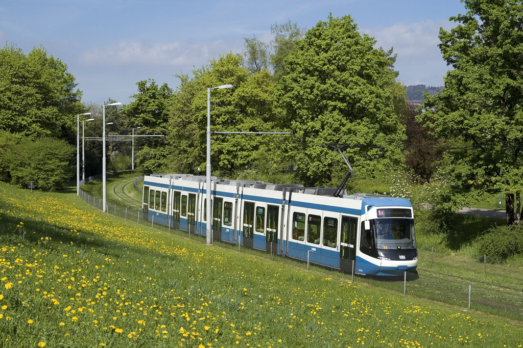 Am 13. April 2017 ist Be 5/6  Cobra  3002 als Linie 17 in Richtung Bahnhofplatz/HB unterwegs und wird in Kürze die Haltestelle Hardturm errreichen.
