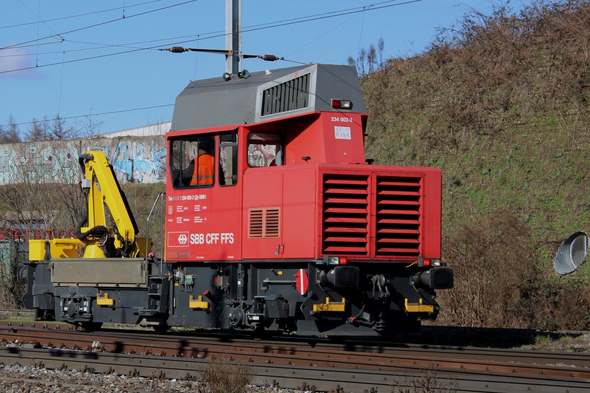 Am 13 Februar 2024 passiert eine Ameise mit Nummerierung 234 003 bei Pratteln der am offenbarer Standort stehender Fotograf.