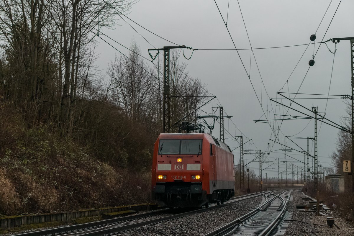 Am 13.02.2020 kam 152 116 solo auf der Schusterbahn in richtung Untertürkheim