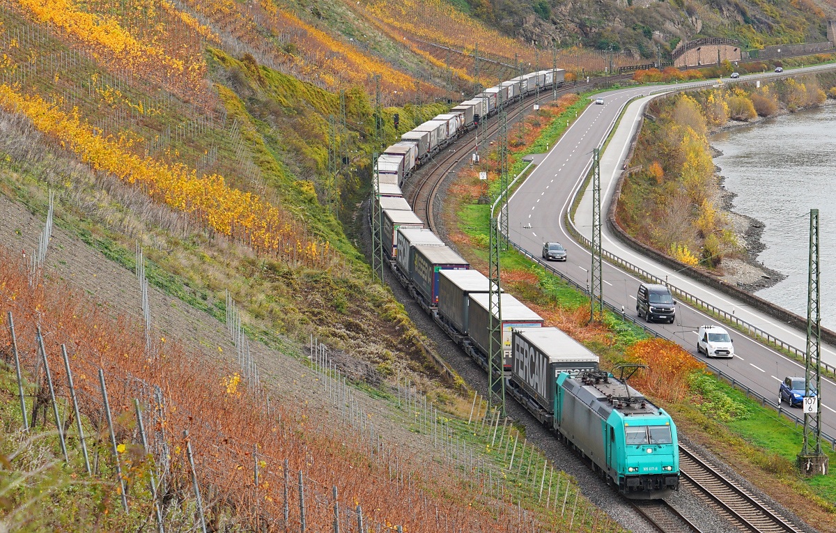 Am 13.11.2025 fährt die von TXL bei Alpha Trains Luxembourg gecharterte 185 617-8 unterhalb des Bopparder Hamms in Richtung Süden