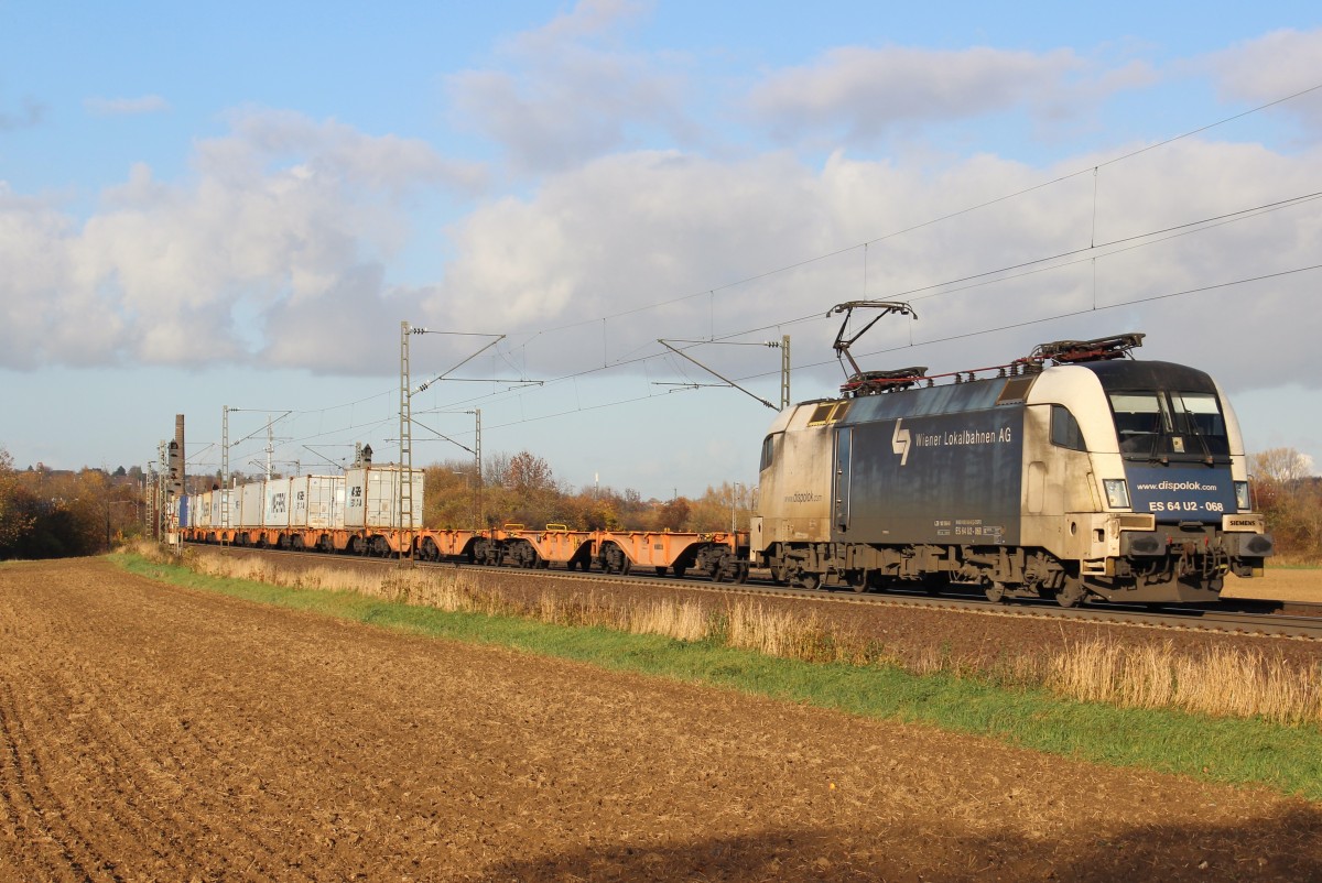 Am 13.November 2013 war WLC 182 568 mit einem Containerzug bei Elze(Han) auf dem Weg Richtung S�den.