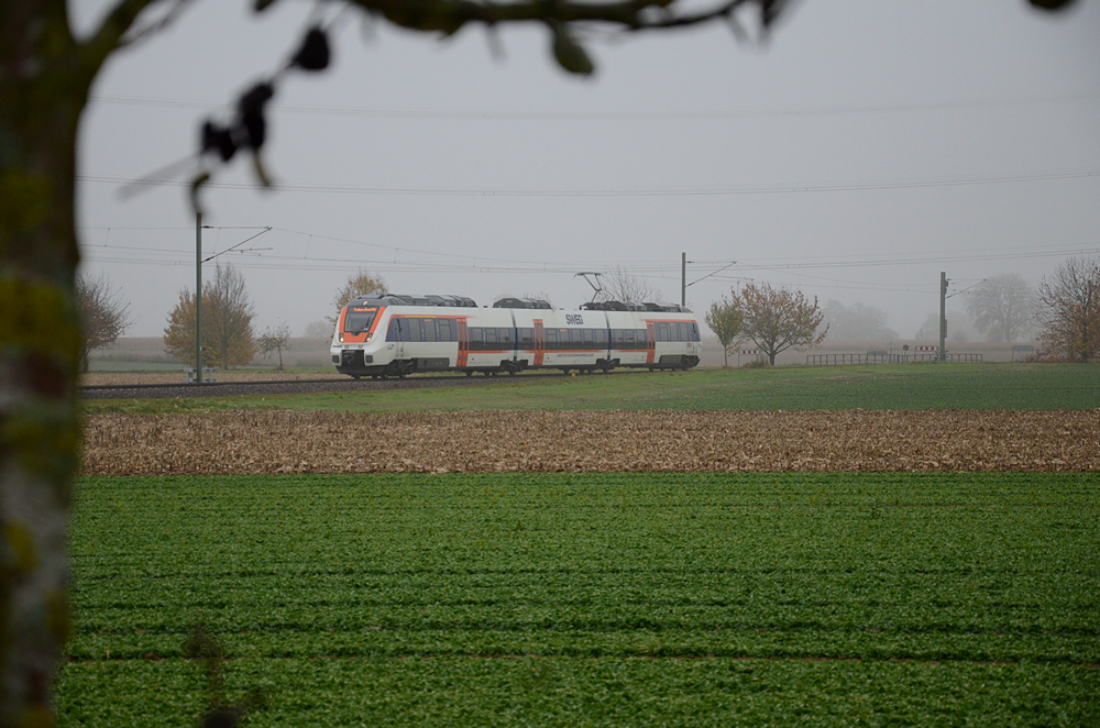 Am 14. November 2014 erreicht ET 150 als SWE 87752 (Staufen-Freiburg) gleich den Haltepunkt Oberkrotzingen.