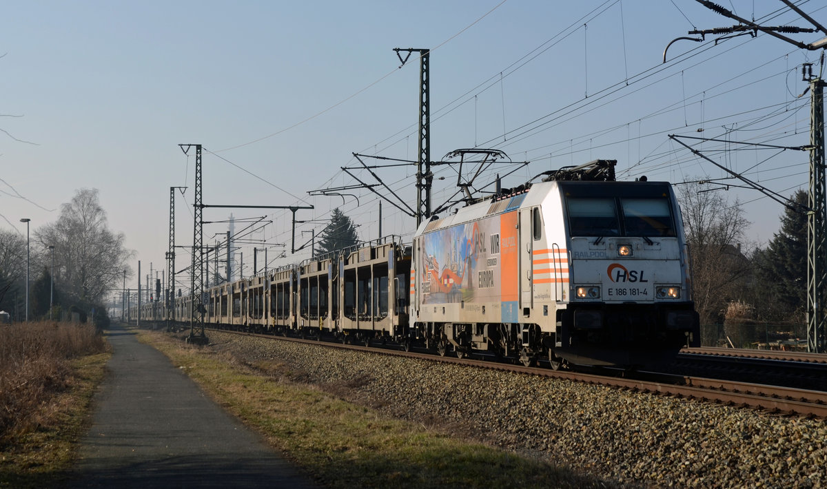 Am 14.02.17 verlässt 186 181 der HSL mit einem leeren Autozug den Rbf Engelsdorf Richtung Riesa.