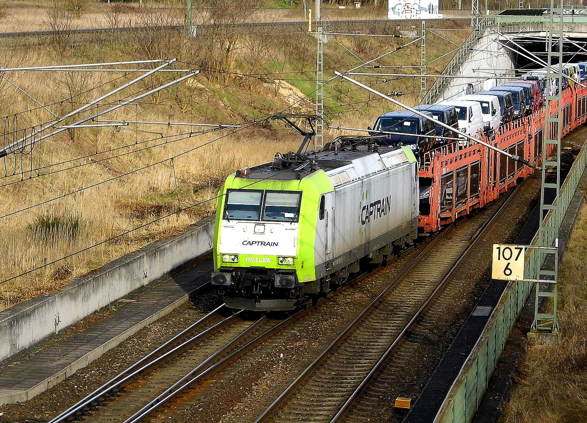 Am 14.03.2017 kam die 185-CL 005 von CAPTRAIN aus Richtung Stendal und fuhr weiter in Richtung Braunschweig . 