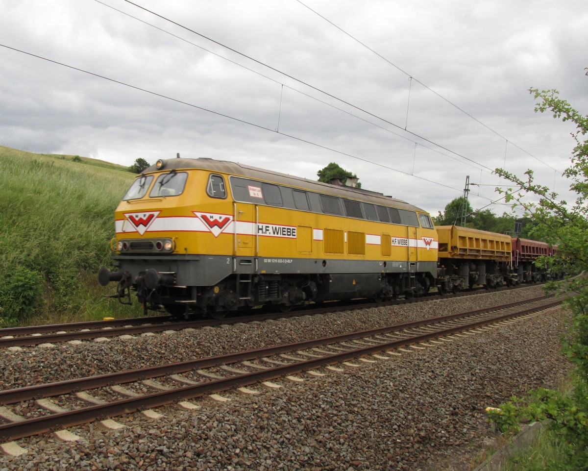 Am 14.06.2014 kam bei Jocketa die gelbe 216 032 der Firma H. F. Wiebe des Wegs in Richtung Reichenbach/ Vogtl. 