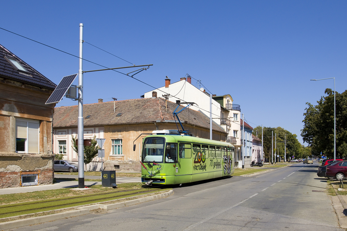 Am 15. August, dem Feiertag Mariä Himmelfahrt waren in Osijek alle Straßenbahnen mit der kroatischen Flagge bestückt unterwegs. Der Tatra T3PV.O 0713, welcher eine Ganzreklame für den Zoo Osijek trägt war dabei auf der Linie 2 anzutreffen und konnte nahe der Haltestelle Zrinjevac am Weg zum Trg Ante Starčevića angetroffen werden.