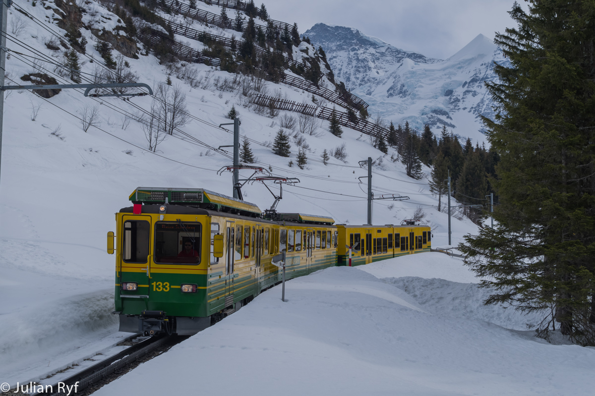 Am 15. März 2015 fährt der BDhe 4/8 133 zwischen der Wengernalp und der Allmend talwärts. Im Hintergrund die Jungfrau und das Silberhorn.