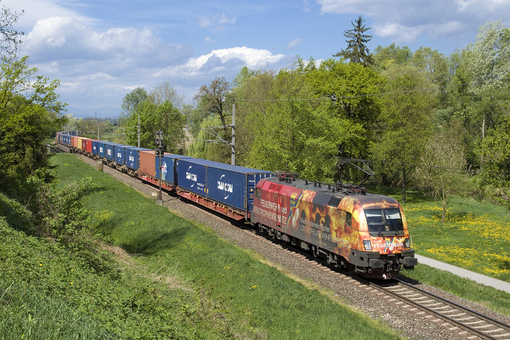 Am 17. April 2016 ist 1016 048  Niederösterreichischer Landesfeuerwehrverband  mit Containerzug 43601 bei Wildon unterwegs.