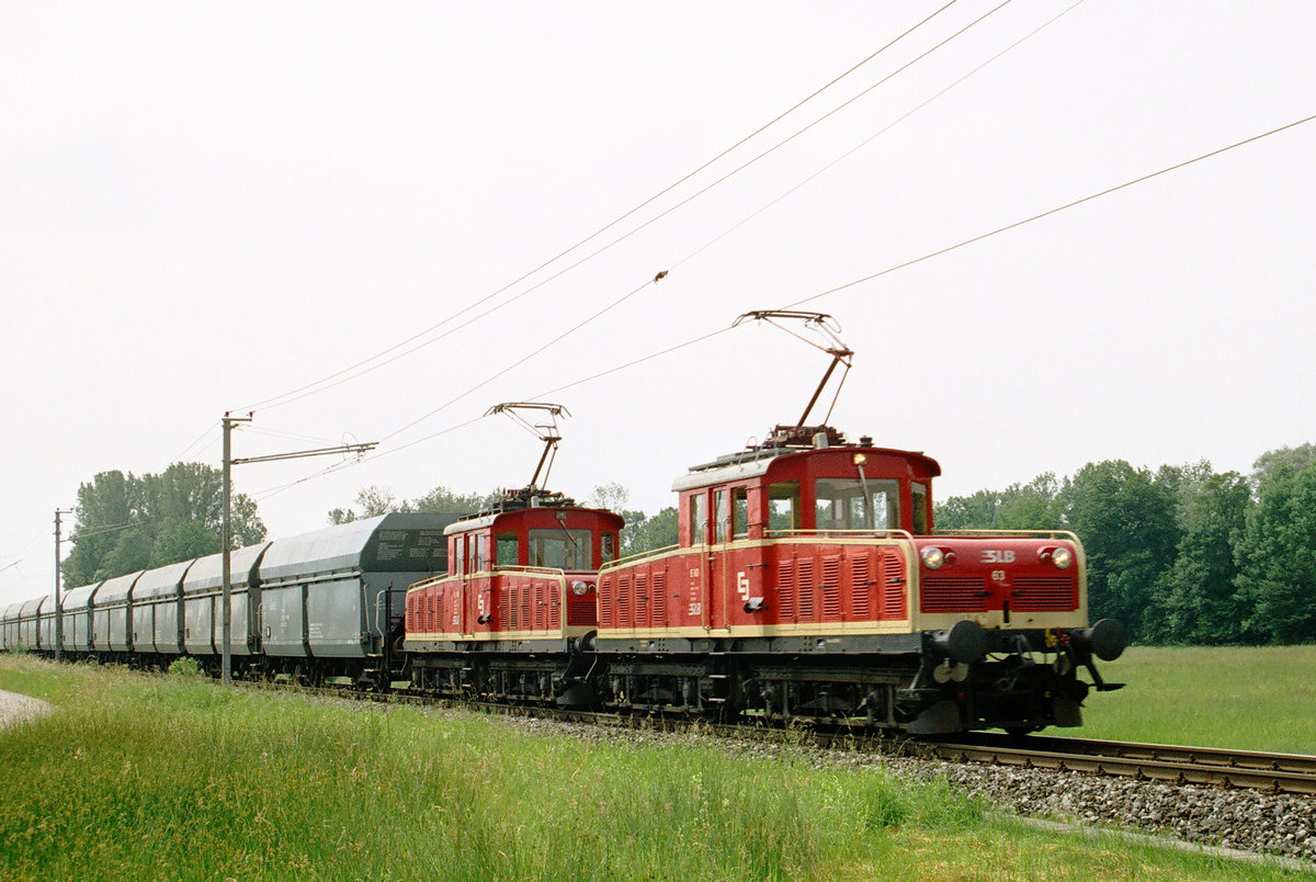 Am 17. Juni 2005 sah ich bei Acharting die Lokomotiven E63 und E61 der Salzburger Lokalbahn mit einem Kohlezug für das Kraftwerk Riedersbach. 