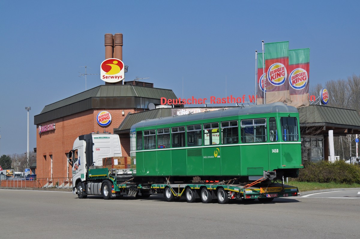 Am 17.03.2016 wurden die ersten drei B4 Anhänger mit den Betriebsnummern 1437, 1450 und 1467 in der Hauuptwerkstatt verladen. Die Anhänger werden auf den Lastwagen bis nach Belgrad gefahren. Nach dem Zoll fährt der Lastwagen mit dem B 1450 auf einem Lastwagen Parkplatz beim Zoll Weil am Rhein.