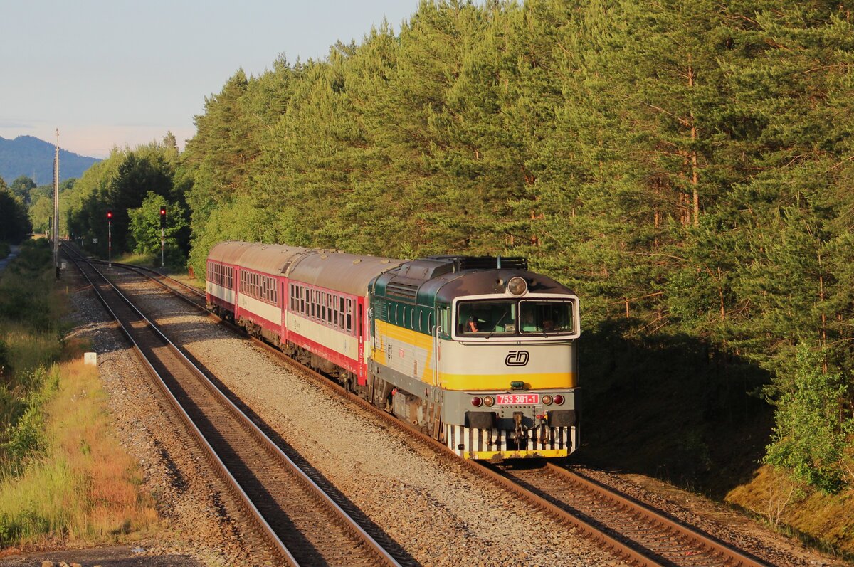 Am 17.06.23 gab es eine Fotofahrt mit 753 301-1 von Česká Lípa nach Raspenava. Die Lok bekam für diese Fahrt das CD Logo zurück. Hier zu sehen bei einer Zugkreuzung in Žizníkov Výhybna.