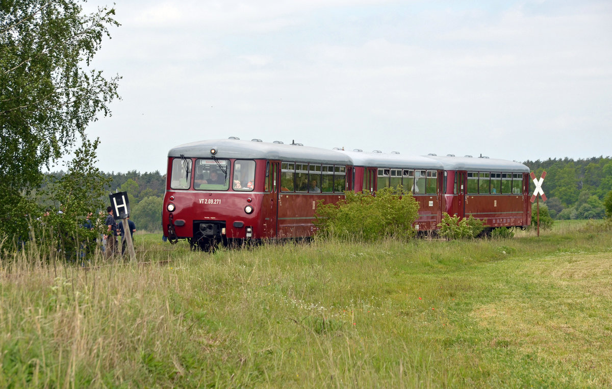Am 18.05.19 fuhr Köstner Schienenbusreisen mit seinen drei Frekletaxen von Wörlitz nach Ferropolis. Am nördlichen Gleisdreieck in Jüdenberg wurde dabei ein Fotohalt für die Fahrgäste eingelegt.