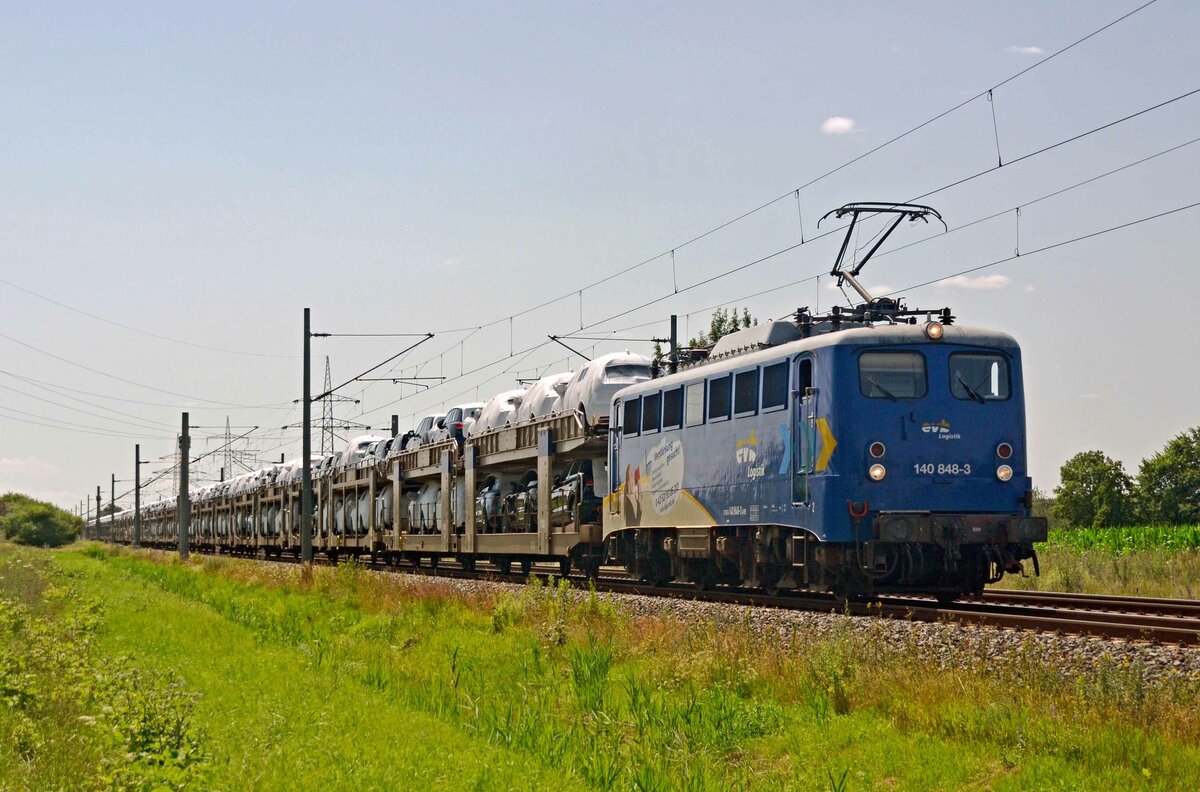 Am 18.07.21 führte 140 848 der evb einen BLG-Autozug durch Braschwitz Richtung Magdeburg.