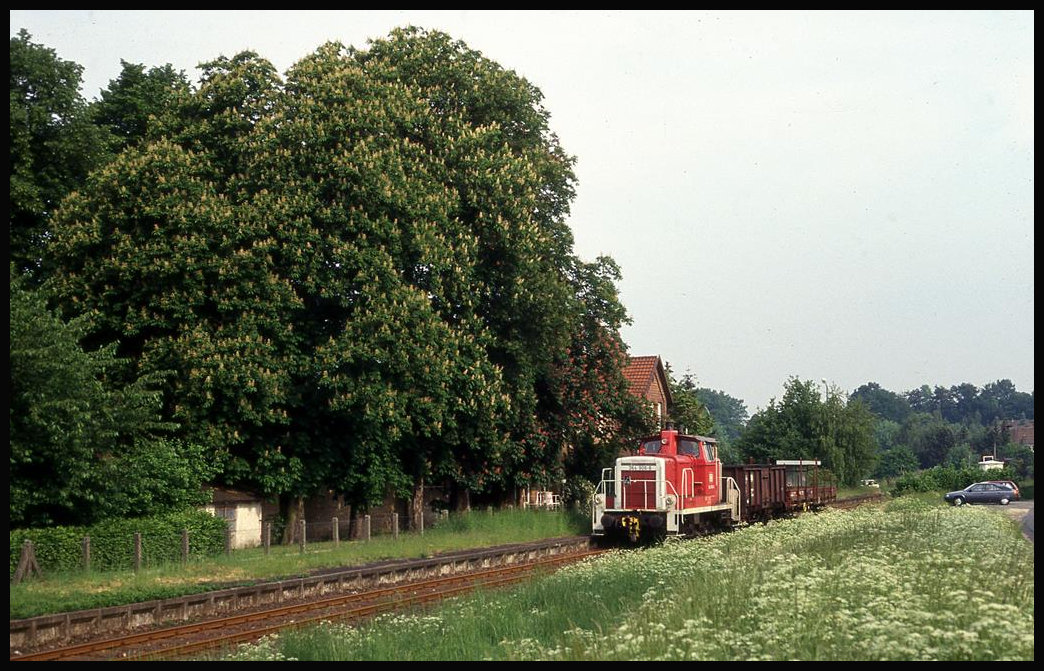 Am 19.05.1993 gab es noch Güterverkehr auf dem nördlichen Teil des Haller Willem. An diesem Tag war 364906 des BW Osnabrück mit einer Übergabe nach Oesede unterwegs und kam um 9.18 Uhr durch den Haltepunkt Sutthausen.