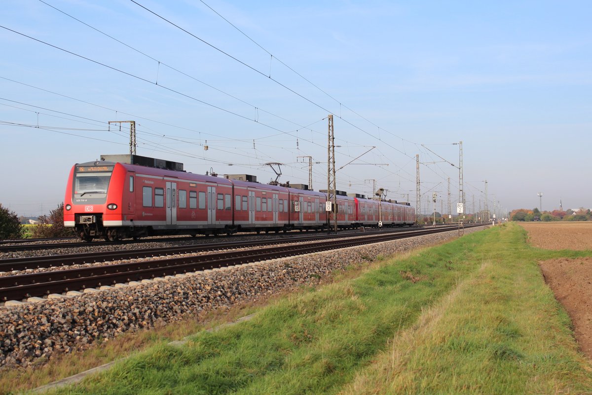 Am 19.10.2017 ist eine Doppeltraktion BR425 als S1 nach Homburg zwischen Heidelberg und Mannheim unterwegs.