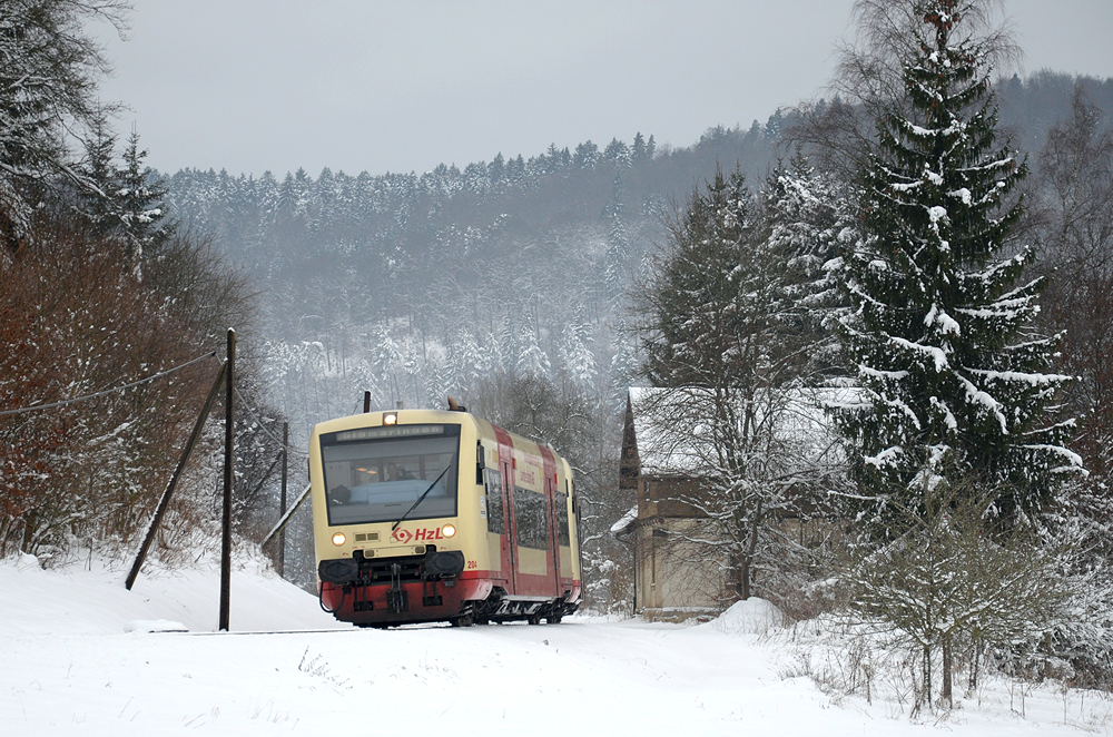 Am 2. Januar 2015 sind VT 204 und 207 als HzL 88261 von Tübingen nach Sigmaringen unterwegs. Aufgenomen wurden sie auf der KBS 766 kurz vor Straßberg.