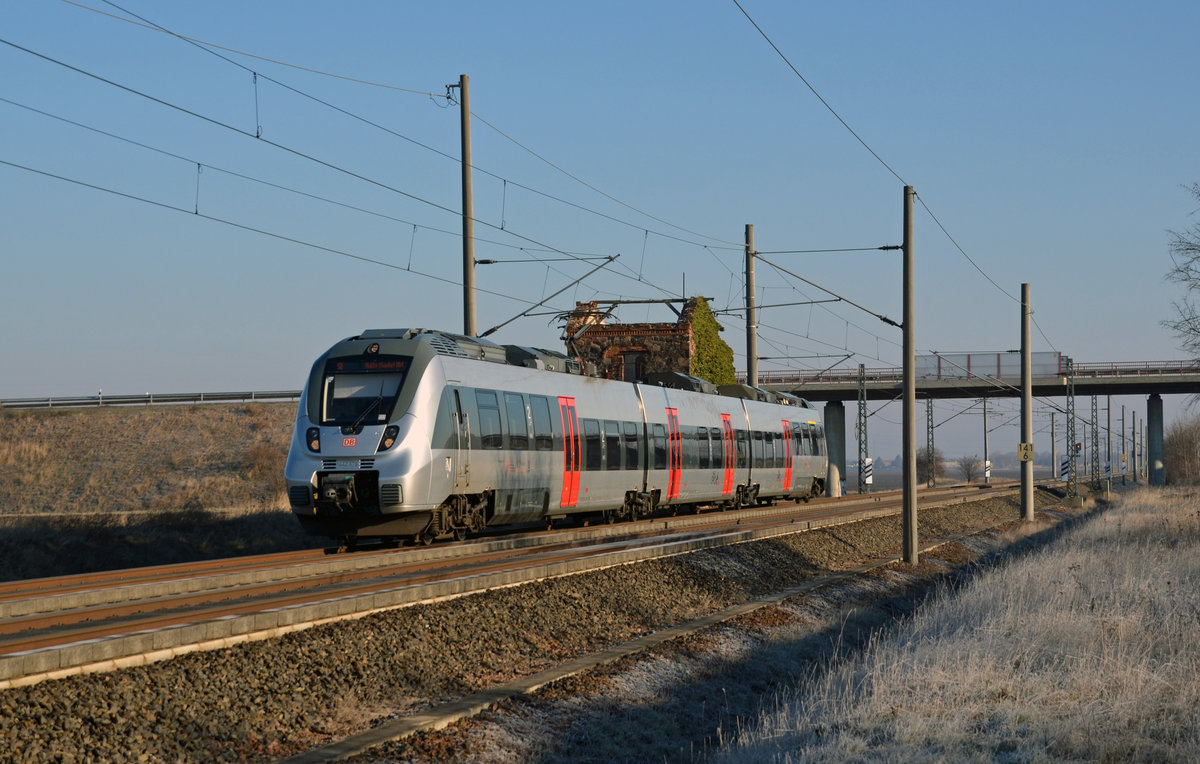 Am 20.01.19 erreicht 1442 676 als S8 zum Hbf Halle(S) in Kürze den Haltepunkt Brehna.