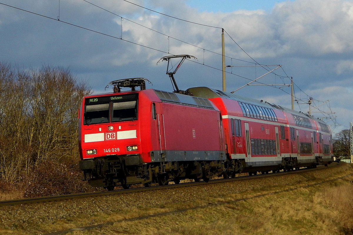 Am 20.03.2018 fuhr die 146 029 von DB Regio von Stendal nach Uelzen . 