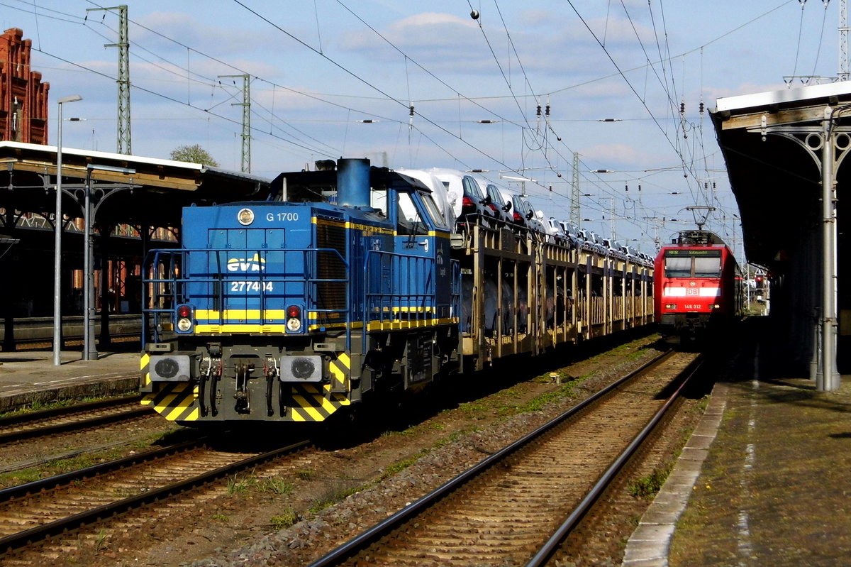 Am 20.04.2017 kam die 277 404-0 von der evb Logistik aus Richtung Magdeburg nach Stendal und fuhr weiter in Richtung Wittenberge . 