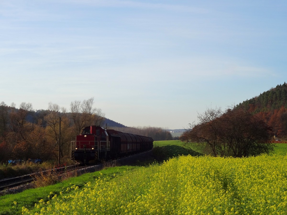 Am 20.11.13 war der HzL Salzzug wieder unterwegs. 
Der Zug bestand aus der Zuglok V124 und Schublok V181. 
Aufgenommen wurde der Zug nahe dem Römischen Museum in Hechingen Stein. 
Auf dieser Strecke verkehren, außer diesen Zügen, keine anderen Züge. 
An manchen Wochenenden verkehrt aber der Eyachtäler Radexpress, welcher die Strecke im Personenverkehr befährt. 